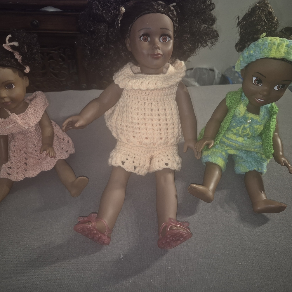 Handmade Knit Doll Dress Set for Kids Toys - Pink, Cream, Green - Picture 4 of 4